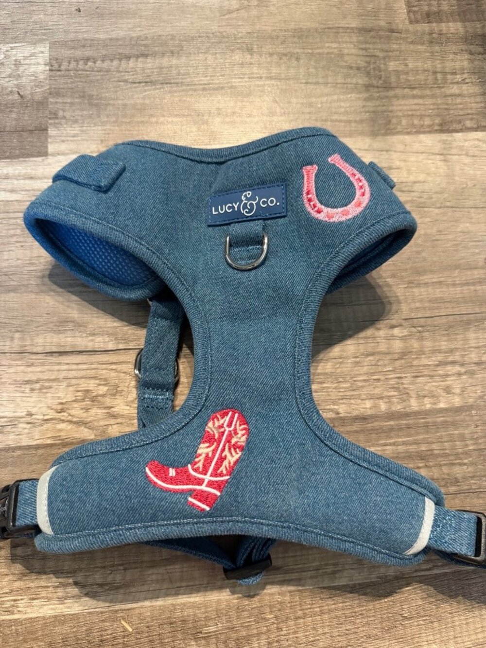 Denim Dog Harness With Horseshoe & Cowboy Boot Embroidery By Lucy & Co. Adjustab
